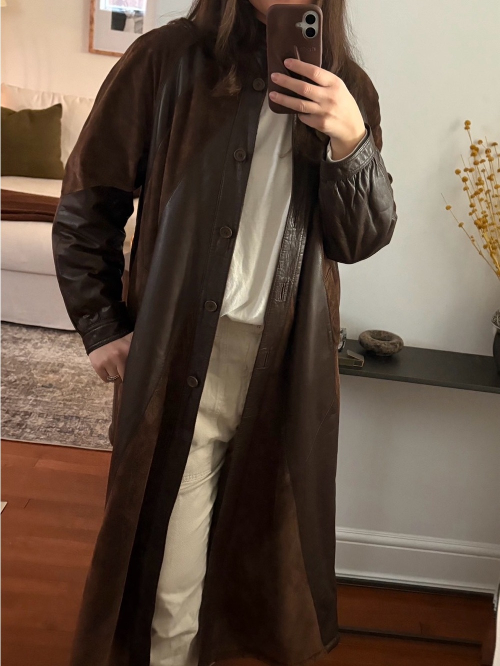 Brown Leather & Suede Long Coat for Woman - Classic Button Front
